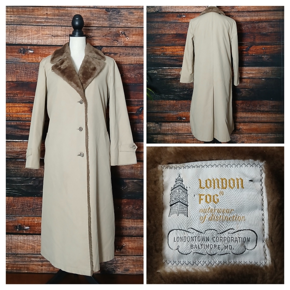 Vintage London Fog Trench Coat 10 Long Khaki Faux Fur Lined Button Front